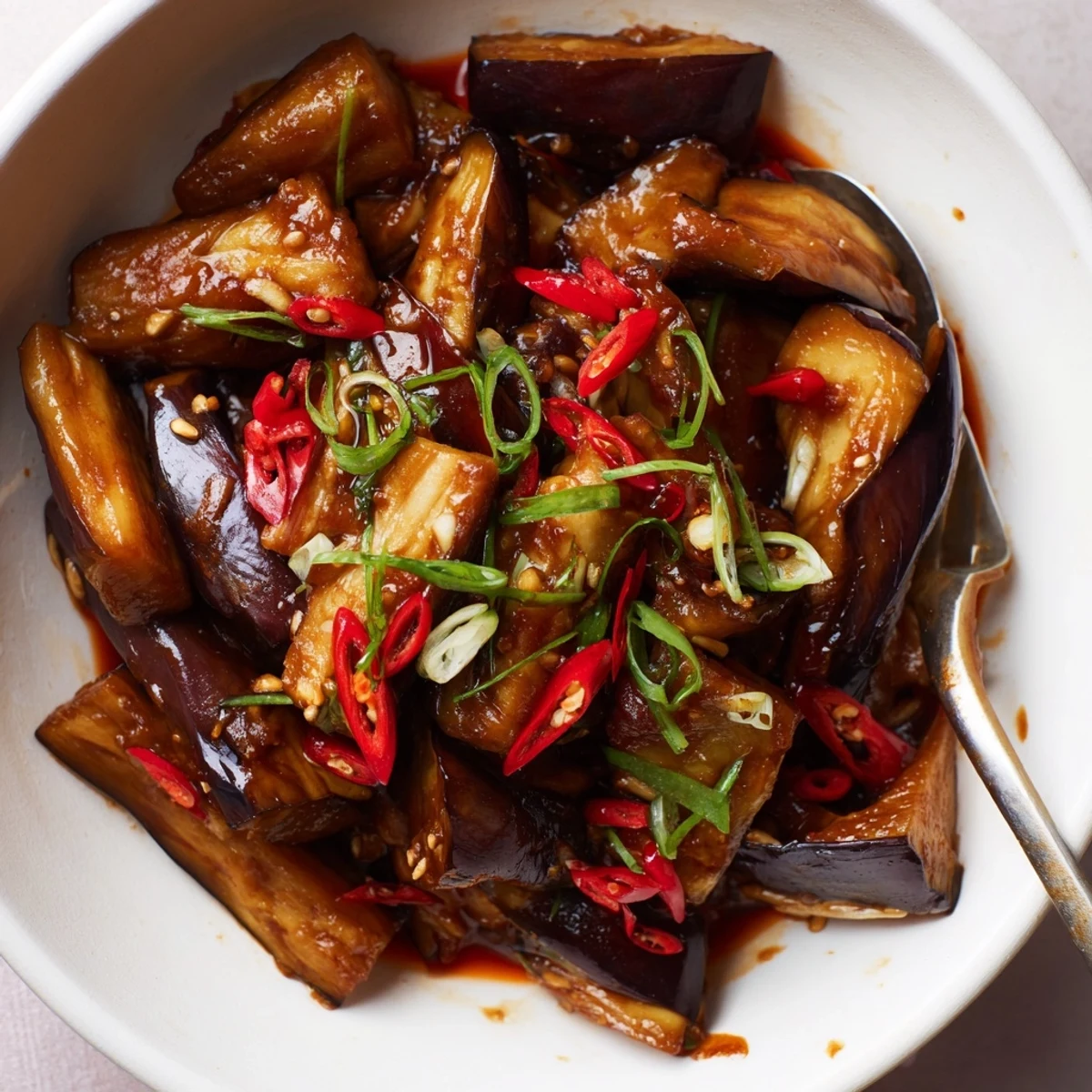 Aromatic Sichuan Style Braised Aubergines served steaming beside jasmine rice, sesame drizzle.