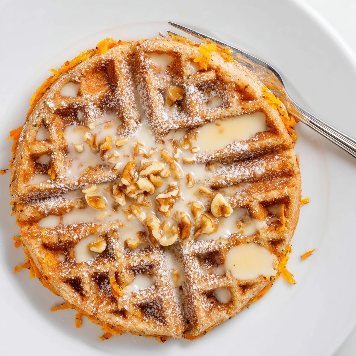 Carrot Cake Waffles stacked, golden-crisp edges, warm spice aroma, maple drizzle.