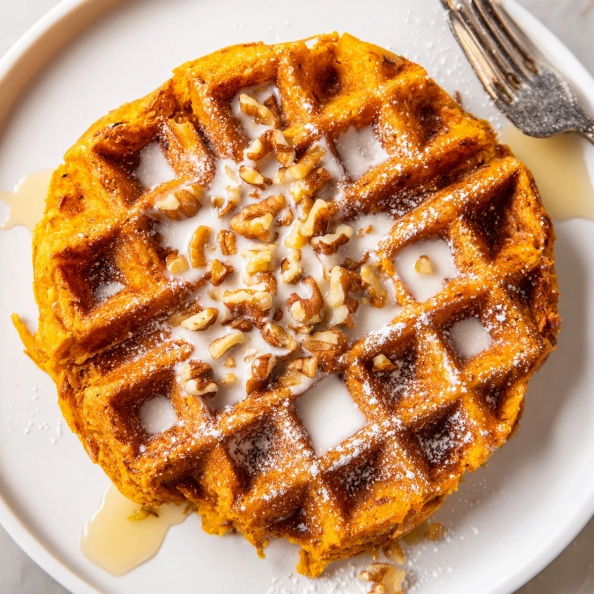 Warm Carrot Cake Waffles served with cream cheese glaze and chopped walnuts.