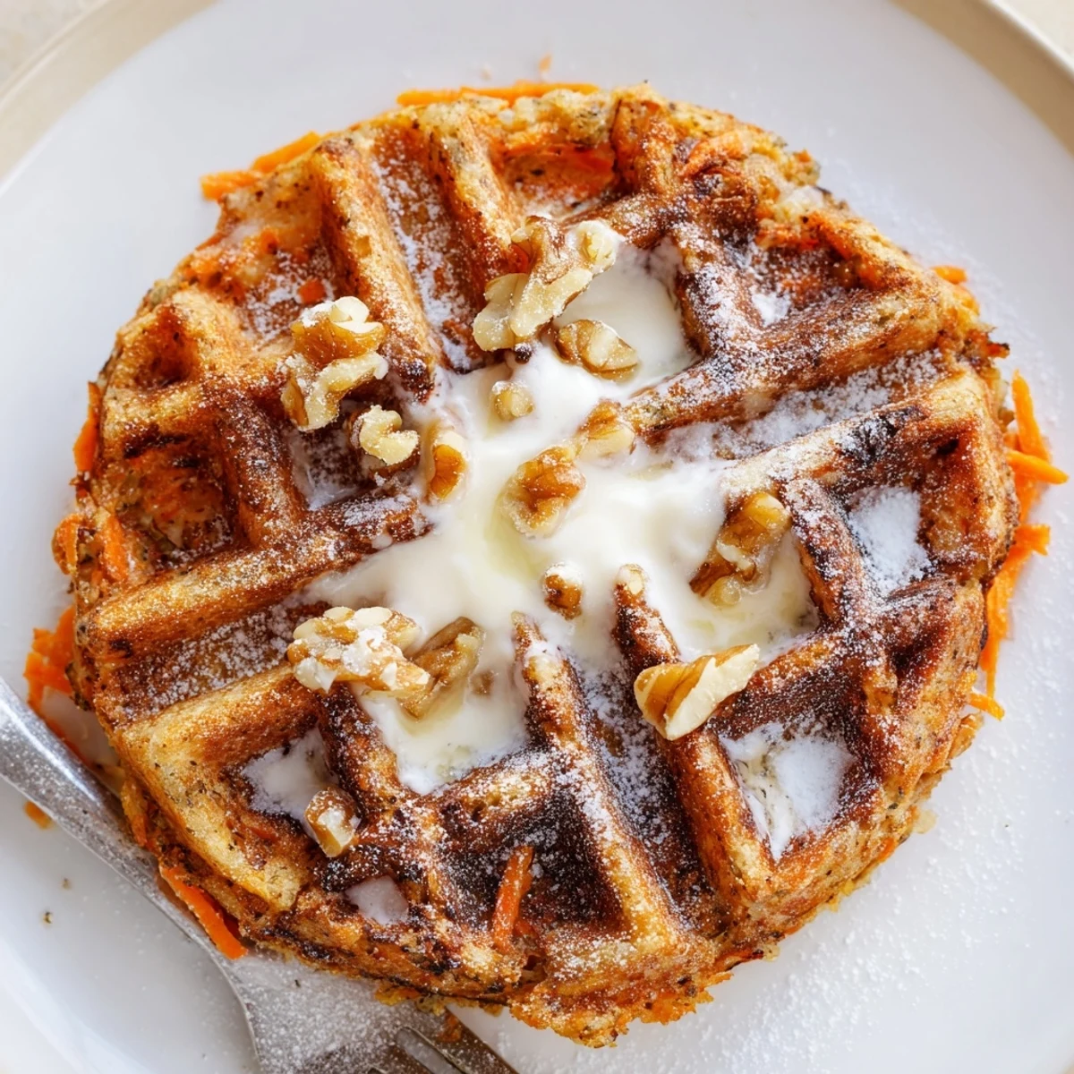 Freshly made Carrot Cake Waffles coming off waffle iron, tender, carrot flecks visible.