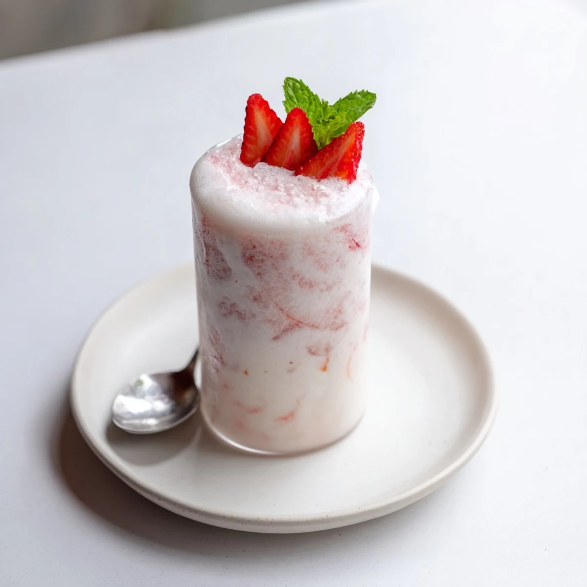 Frothy Strawberry Coconut Cooler Recipe topped with mint and sliced strawberries  