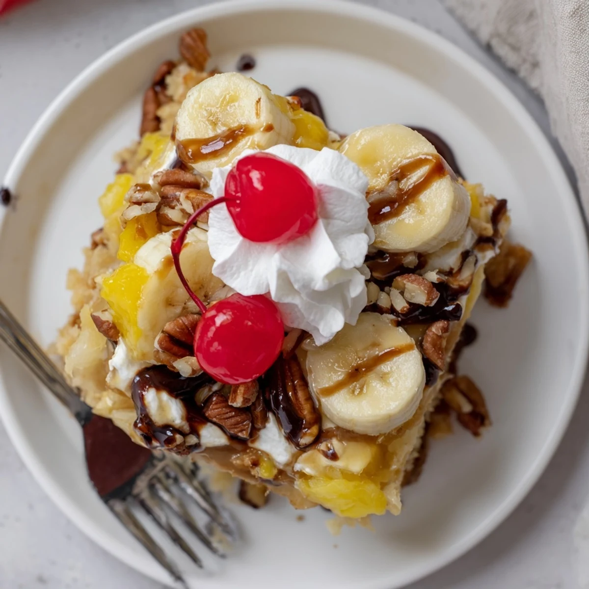 Warm Banana Split Dump Cake with bubbling edges, chocolate chips, whipped cream.