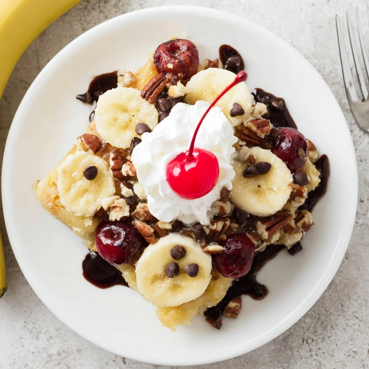 Slice of Banana Split Dump Cake topped with cherries and vanilla ice cream.