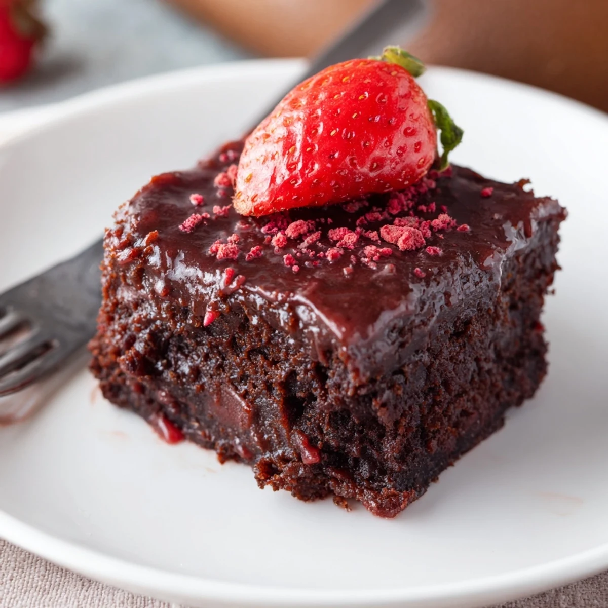 Strawberry Brownies Recipe showing fudgy squares topped with glossy strawberry glaze