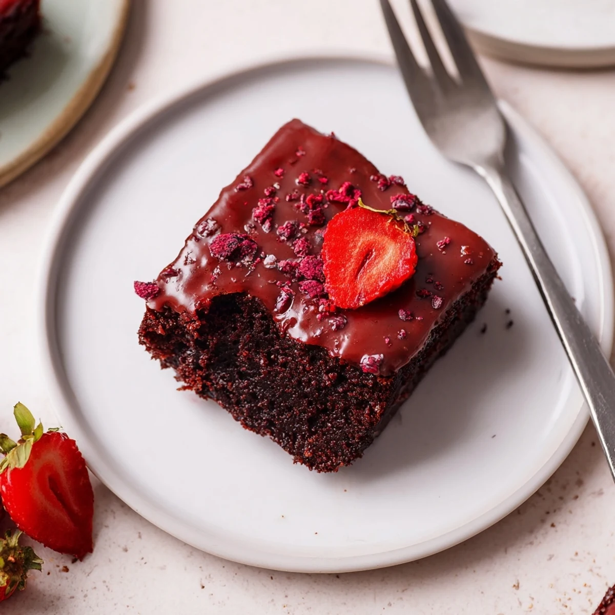 Homestyle Strawberry Brownies Recipe plated with fresh strawberries and whipped cream