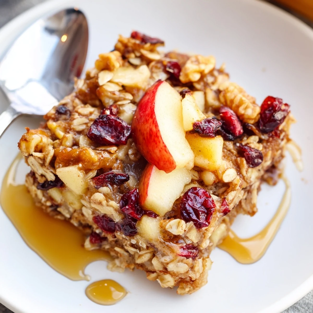 Hearty spoonfuls of Delicious Apple Cinnamon Oatmeal Bake Recipe For Mornings with maple drizzle