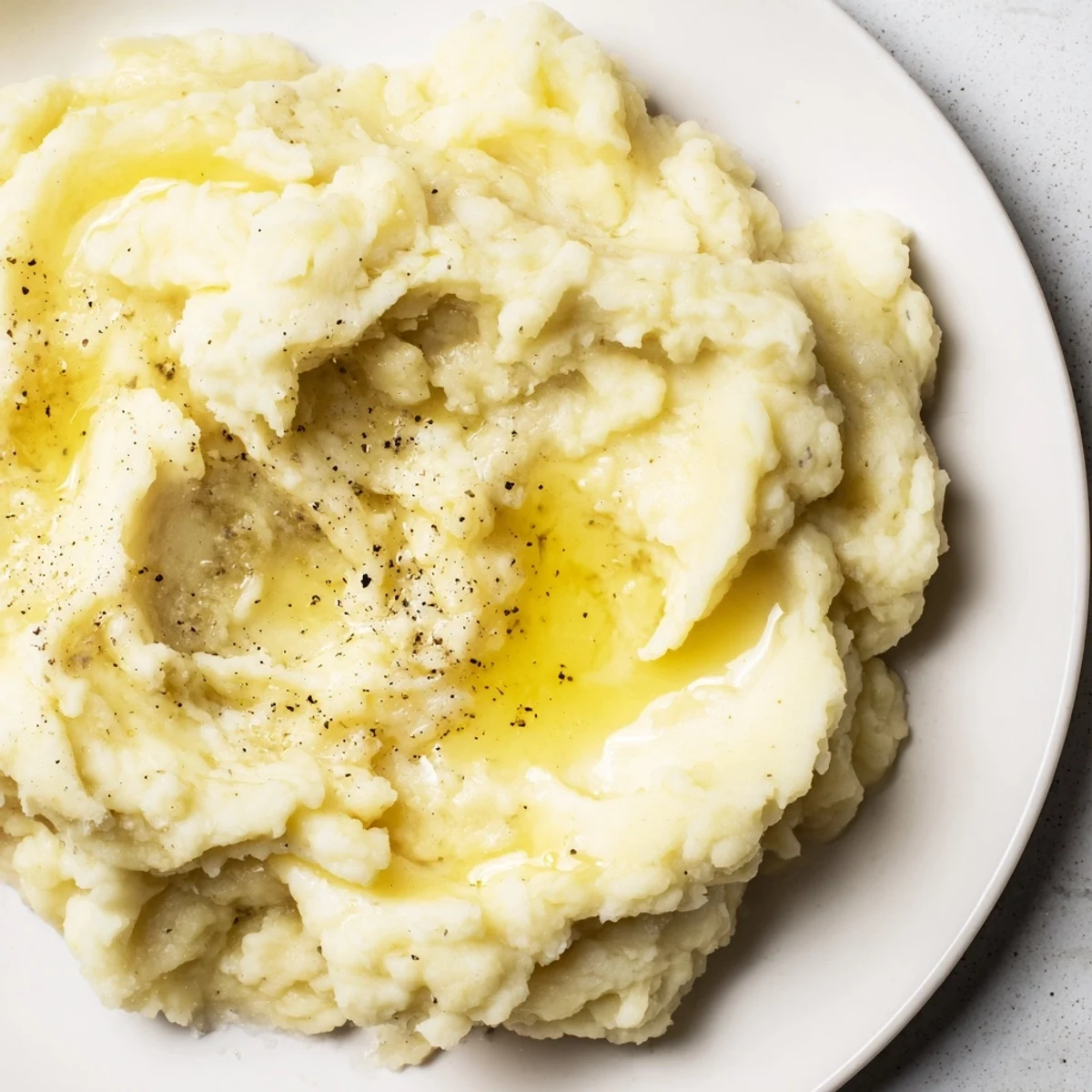 Fluffy homemade mashed potatoes with black pepper sprinkled on golden surface