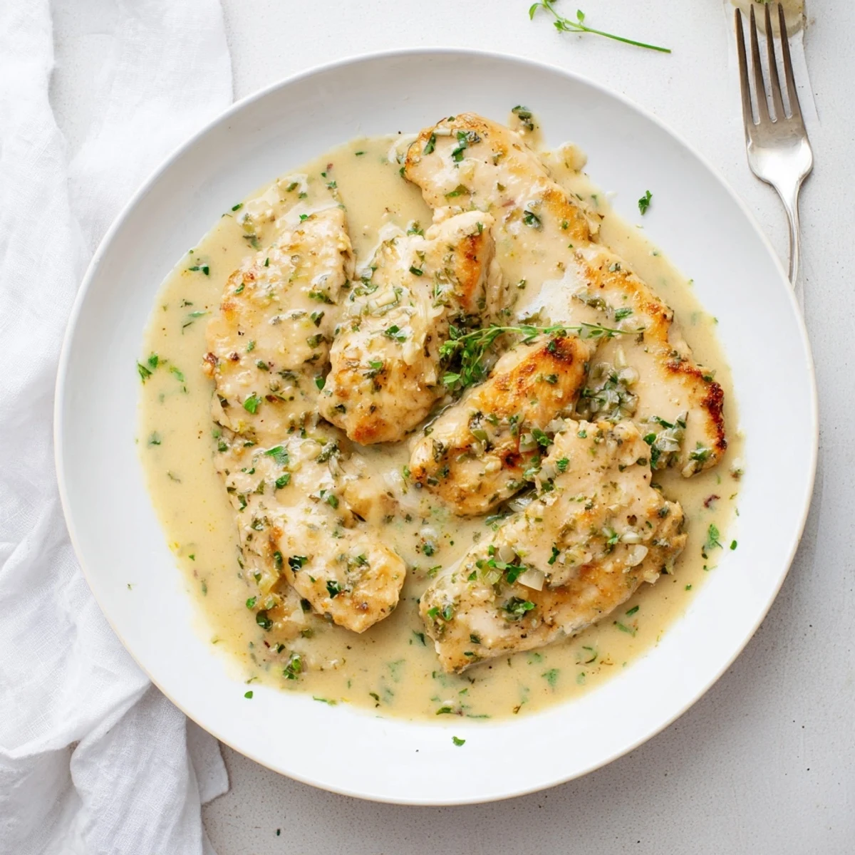 Tender creamy herb chicken plated with velvety garlic sauce and garnished with vibrant green basil