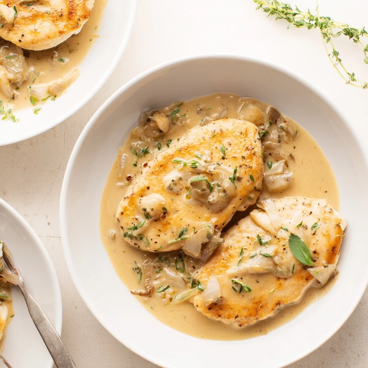 Savory chicken simmered in rich herb-infused cream sauce served over a bed of fluffy mashed potatoes