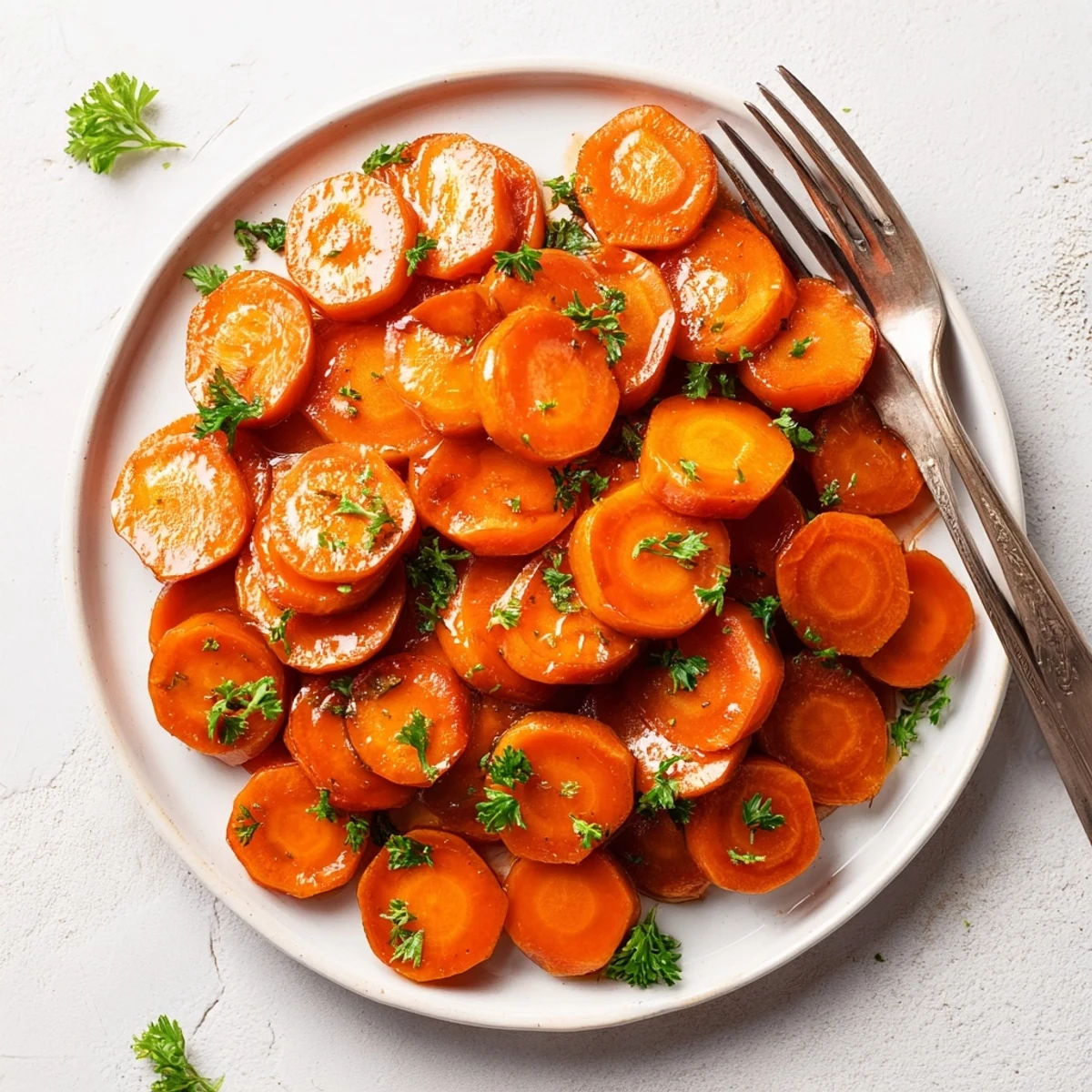 Tender glazed carrots in a shiny sweet glaze garnished with fresh green parsley