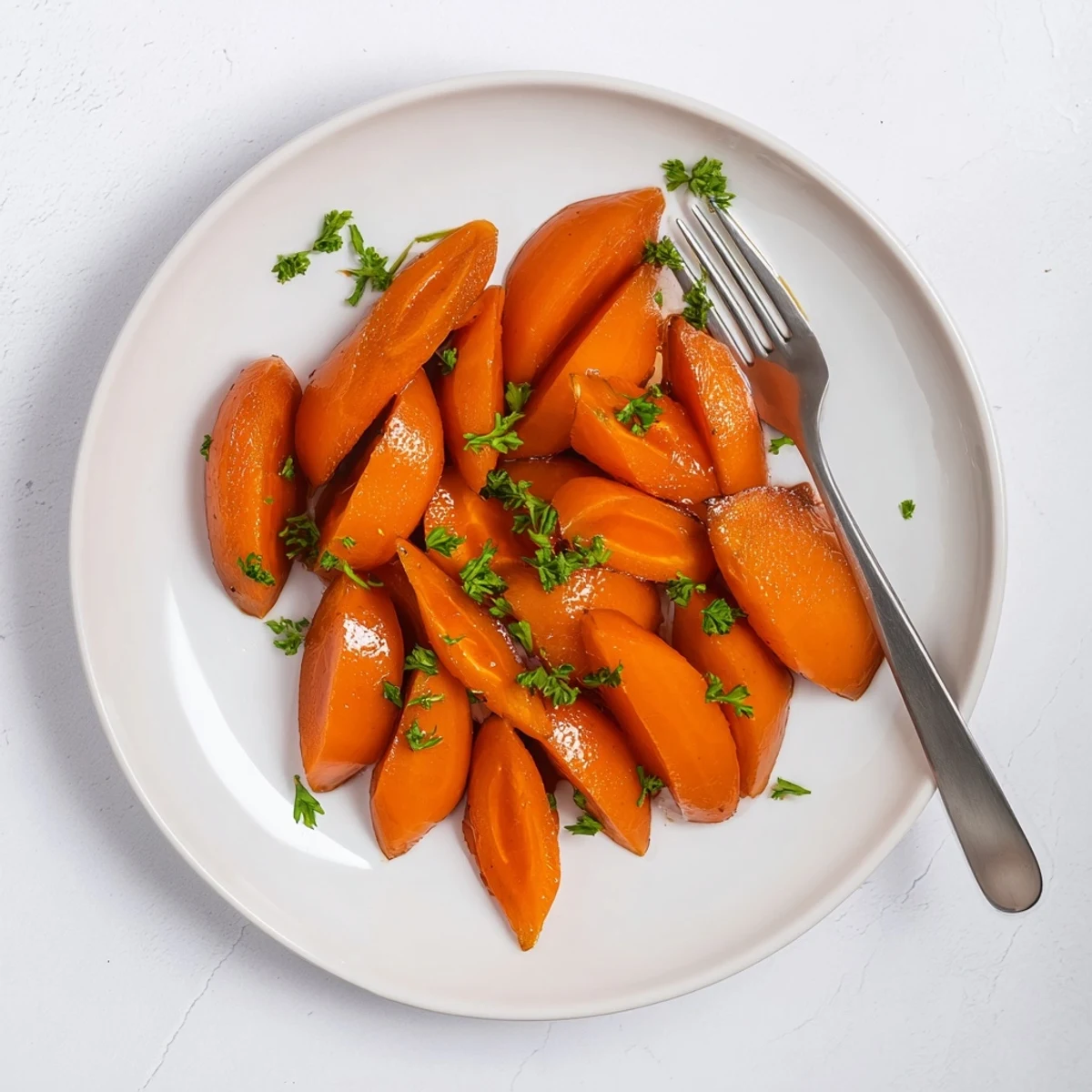 Golden glazed carrots glistening with buttery brown sugar coating on a white serving plate