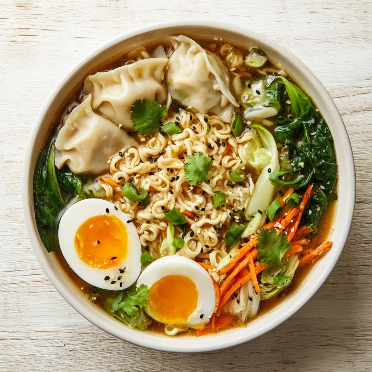 Hearty dumpling ramen bowl topped with jammy soft-boiled eggs, crisp vegetables, and sesame seeds