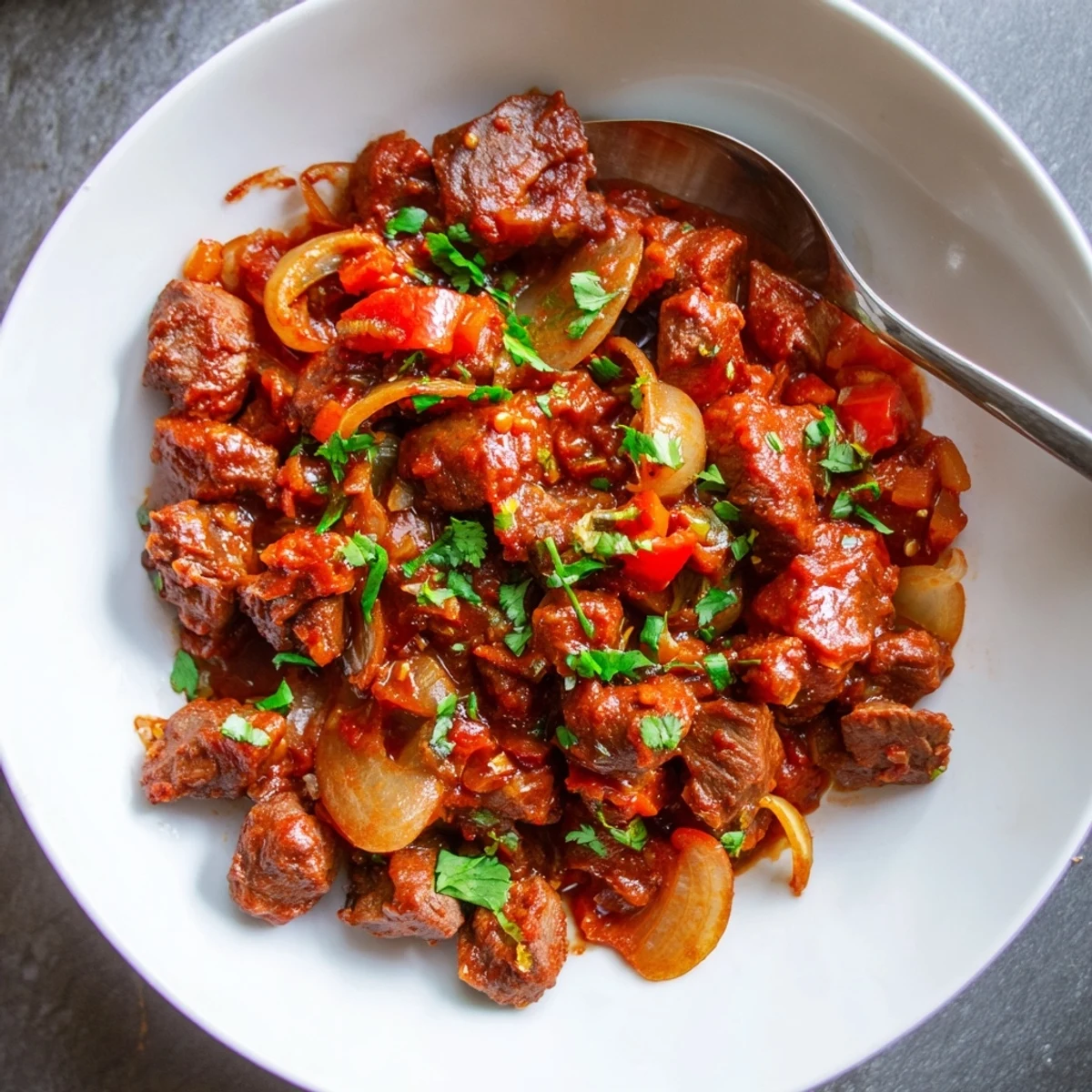 Tender Kenyan goat wet fry simmered in rich tomato sauce with golden onions and aromatic spices