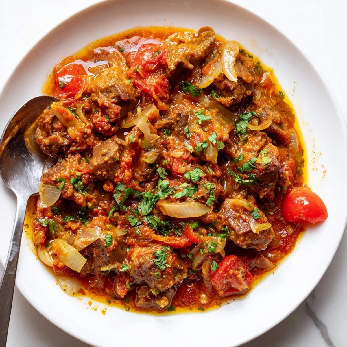Savory goat meat stir-fry glistening with spices and fresh cilantro, served steaming hot