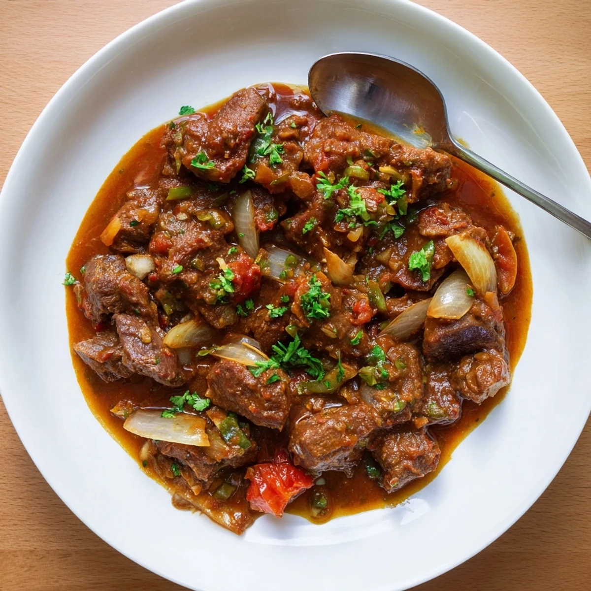 Glossy Kenyan goat wet fry featuring succulent meat pieces in thickened spiced tomato gravy