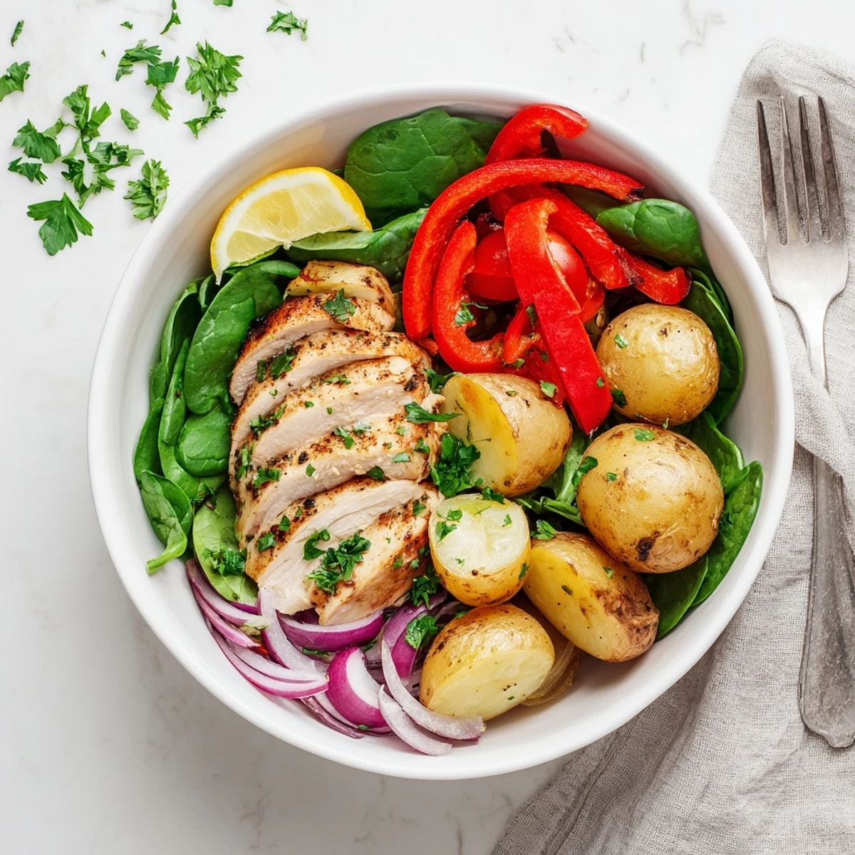 Healthy weeknight dinner featuring seasoned grilled chicken and crispy vegetables in a nutritious skinny chicken and roasted potato bowl
