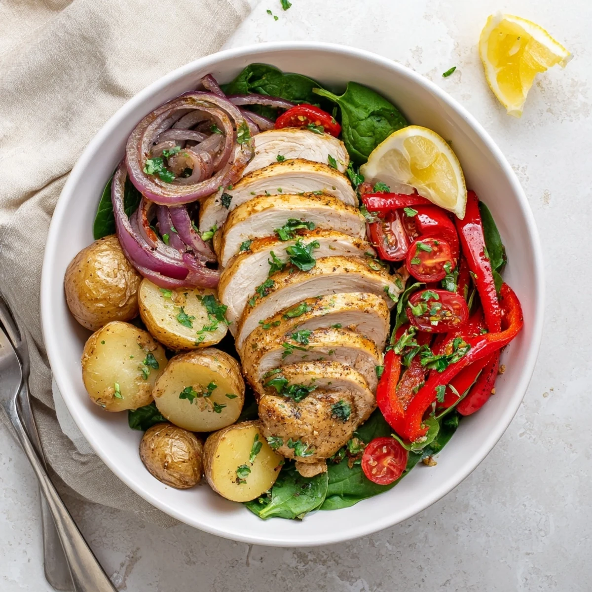 Colorful bell peppers and cherry tomatoes complement lean chicken in this vibrant skinny chicken and roasted potato bowl