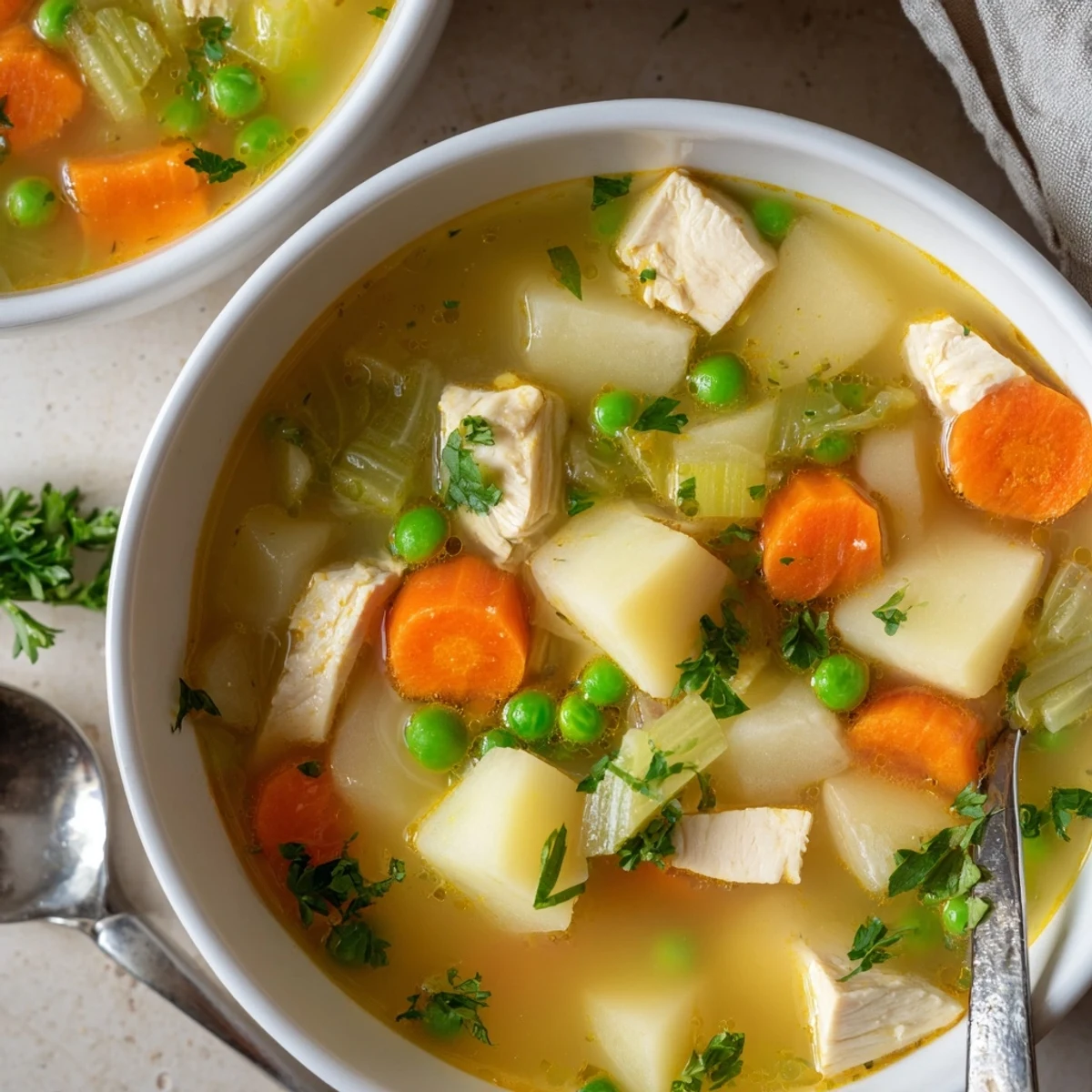 Golden bowl of comforting chicken soup with potatoes featuring tender chunks and colorful vegetables in steaming broth