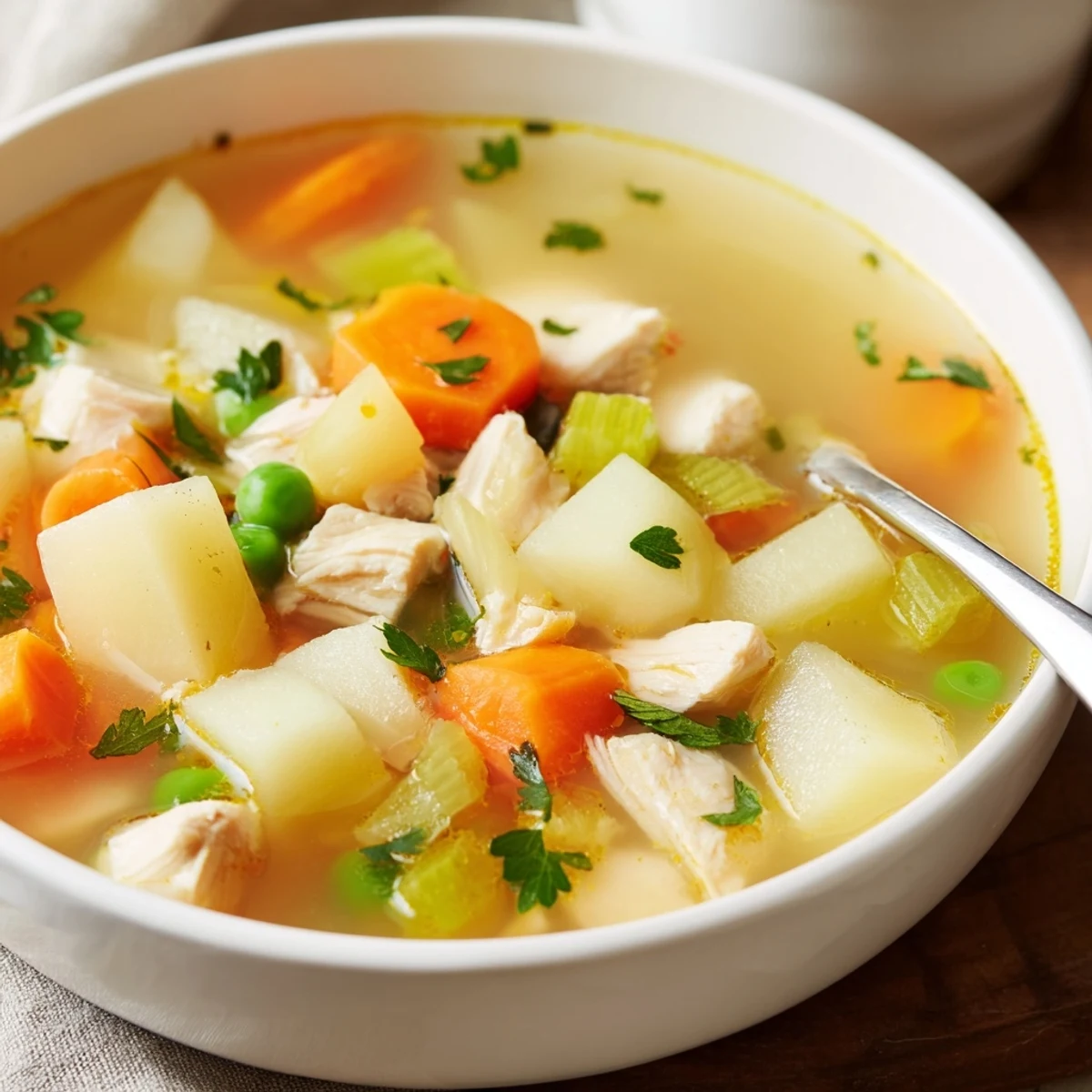 Hearty comforting chicken soup with potatoes ladled into rustic bowl with fresh parsley garnish and steam rising
