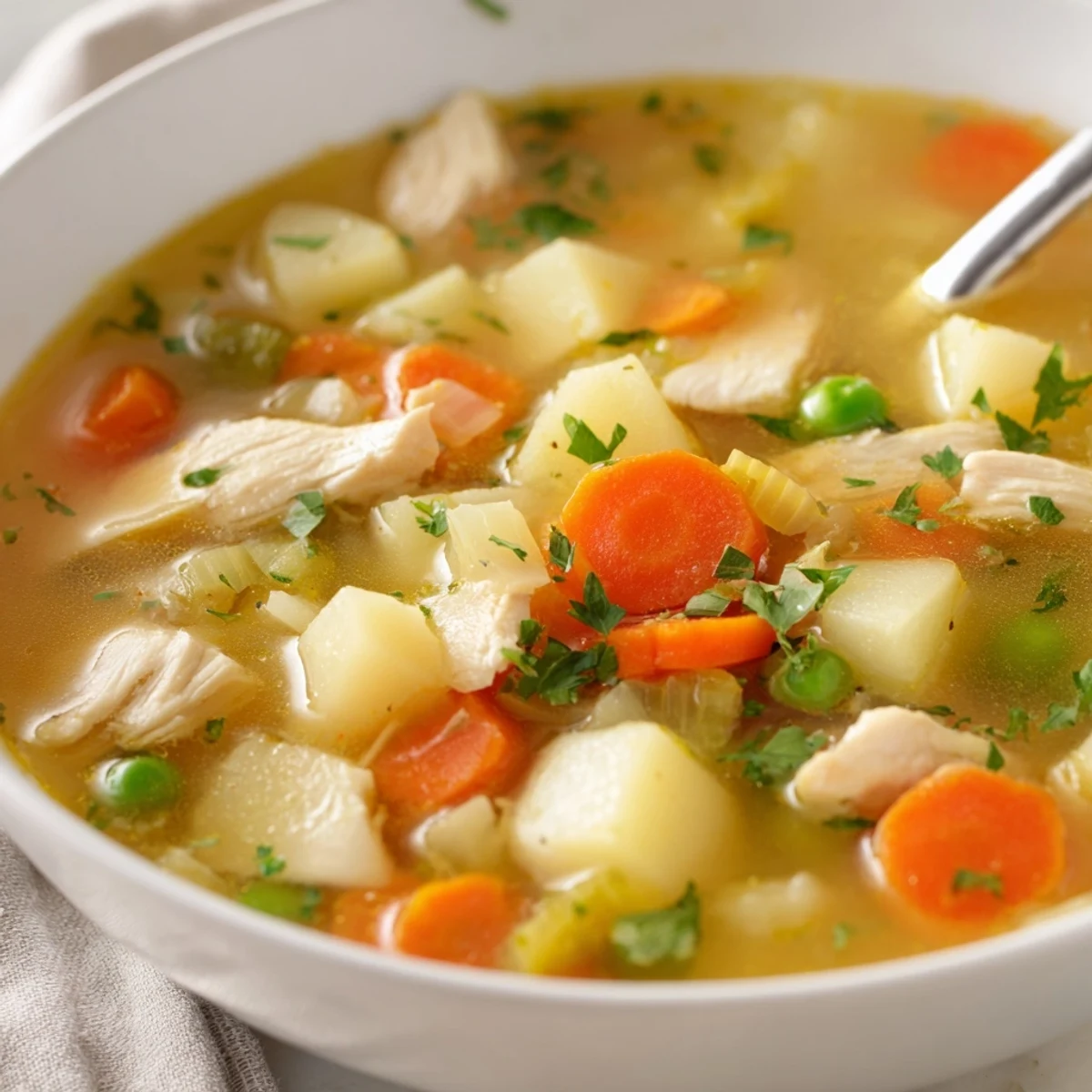 Spoon lifting savory vegetables and diced chicken from comforting chicken soup with potatoes in warm, inviting presentation