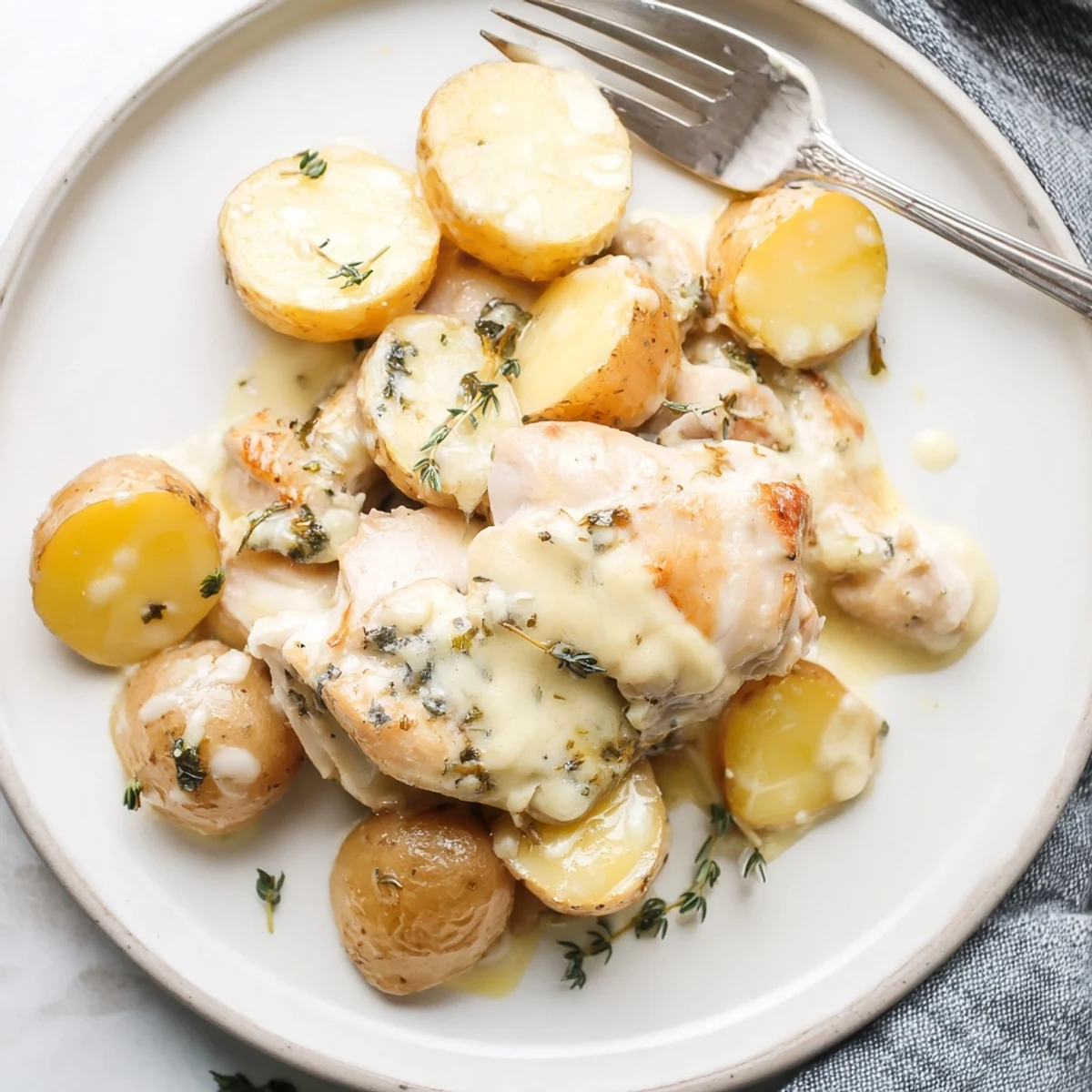 Creamy herb chicken and potatoes simmered in a luscious white sauce with fresh parsley garnish