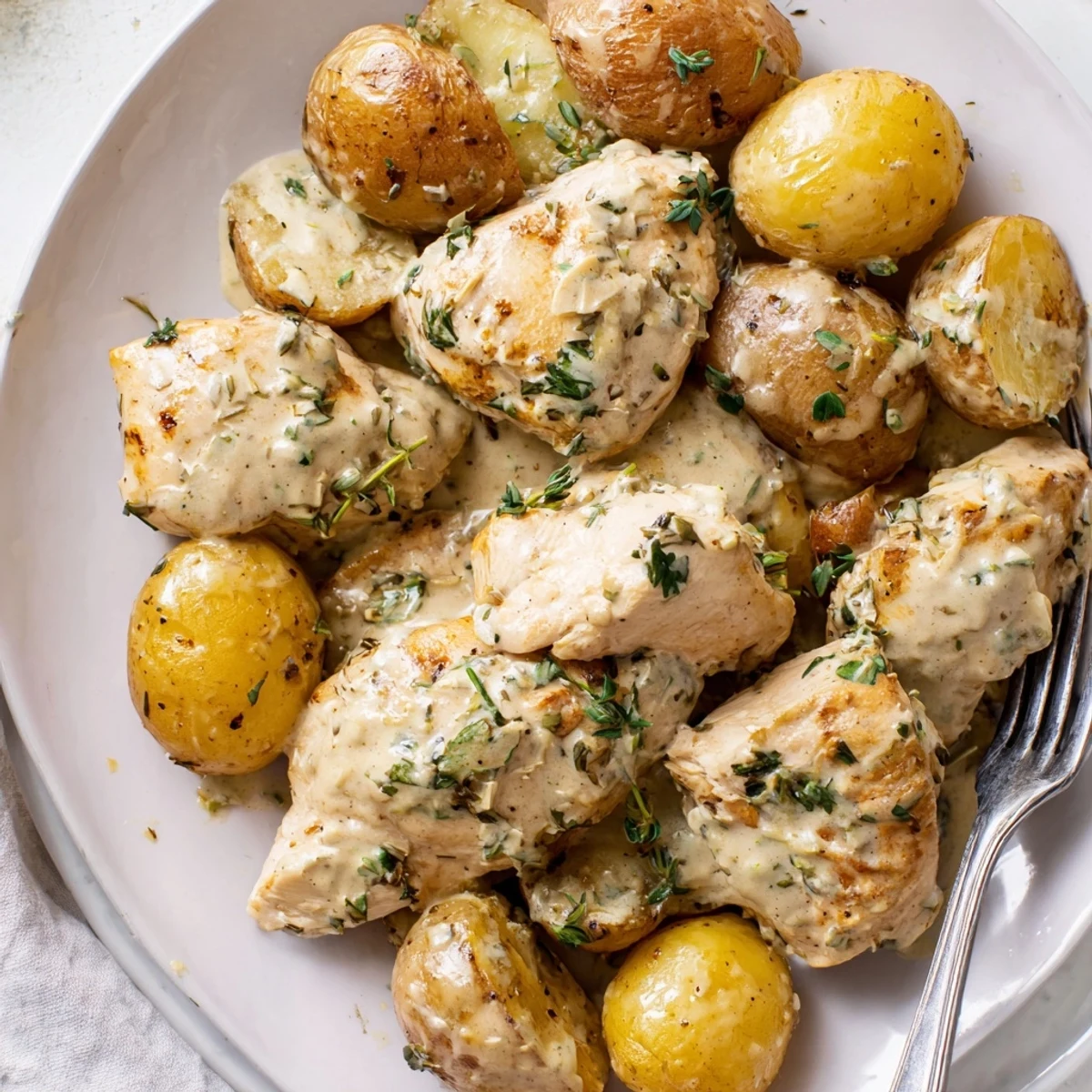 Golden seared chicken breasts nestled over tender baby potatoes in a rich herb cream sauce