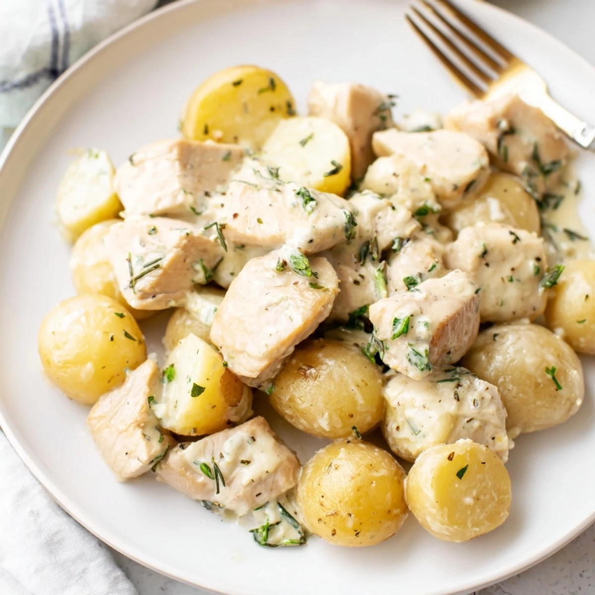 One pan creamy herb chicken recipe featuring fork-tender potatoes coated in a savory garlic cream sauce