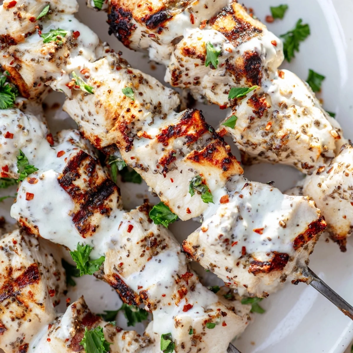 Golden Greek yogurt marinated chicken skewers grilled to juicy perfection with charred edges and fresh herbs