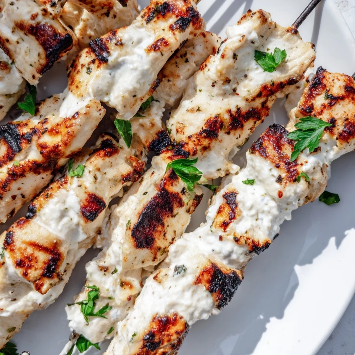 Tender chicken pieces threaded on skewers after marinating in creamy Greek yogurt blend with aromatic spices