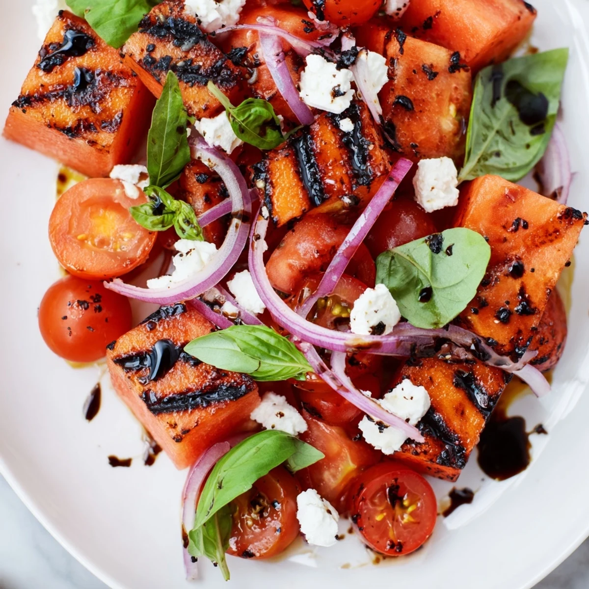 Grilled watermelon, feta, and basil salad featuring charred watermelon cubes with crumbled feta and fresh basil leaves