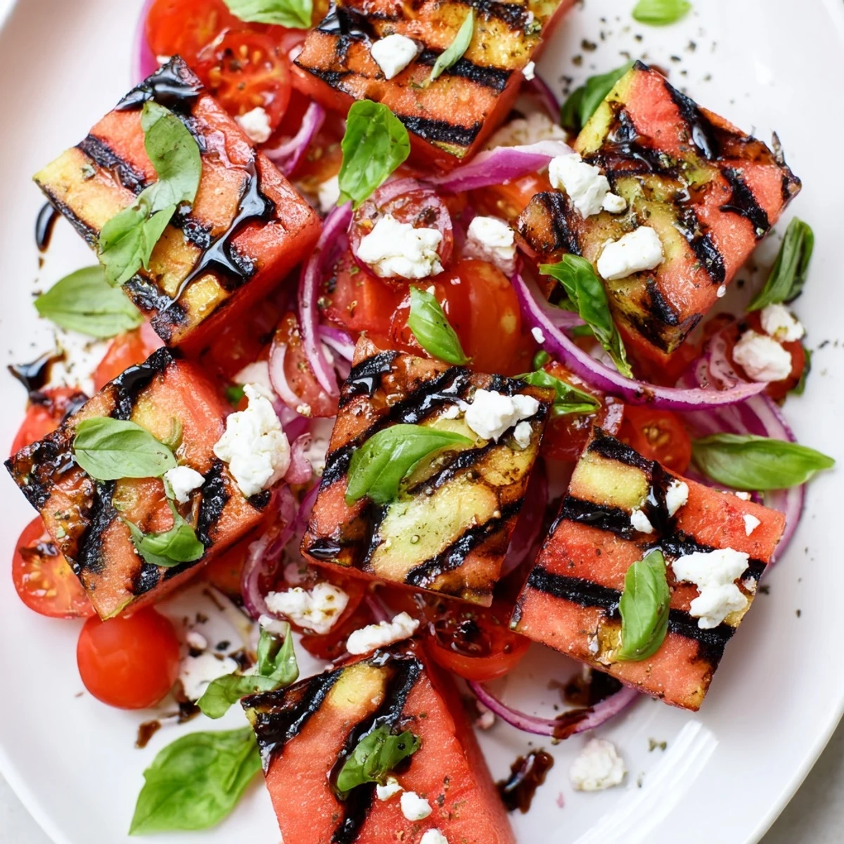 Colorful grilled watermelon, feta, and basil salad arranged on a serving platter with cherry tomatoes and red onion