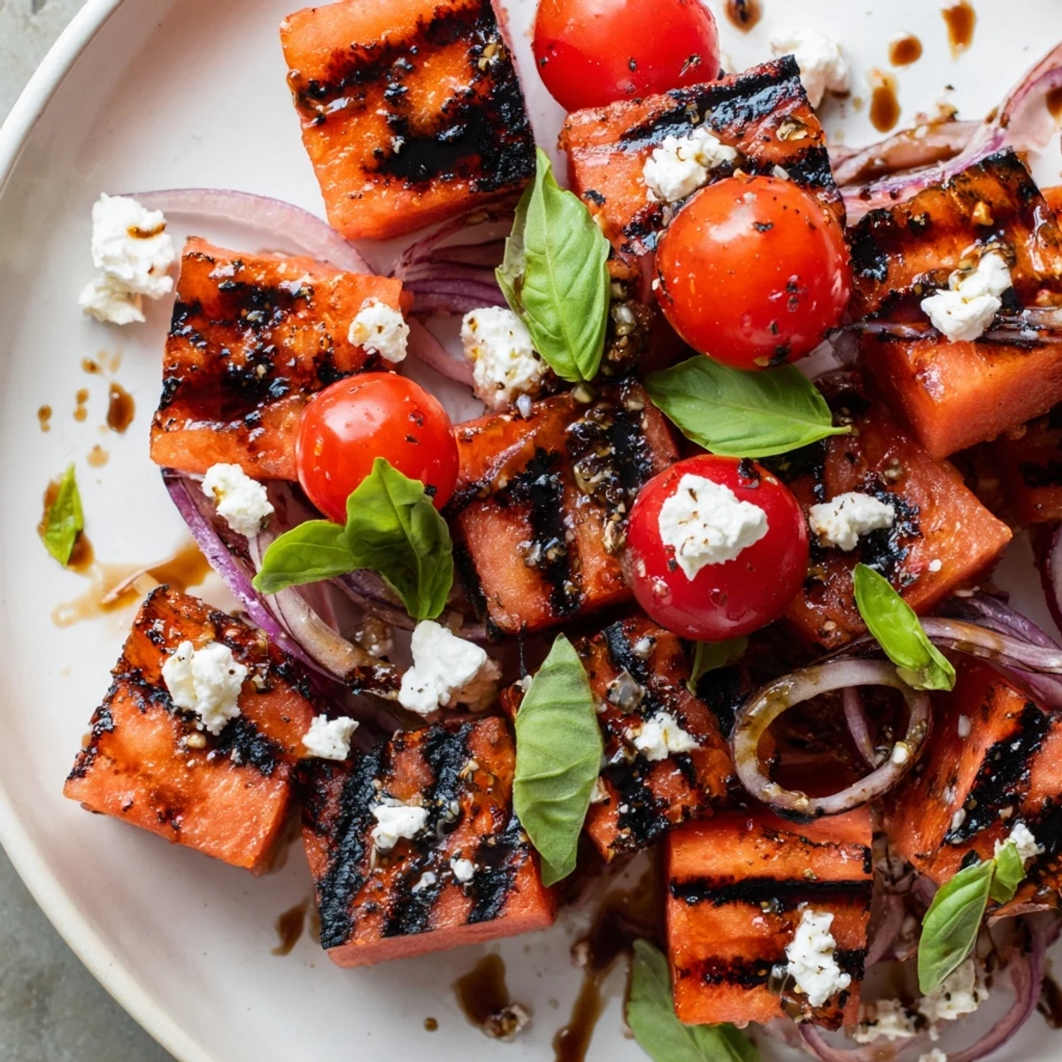 Summer grilled watermelon, feta, and basil salad drizzled with balsamic glaze and olive oil for a light Mediterranean meal