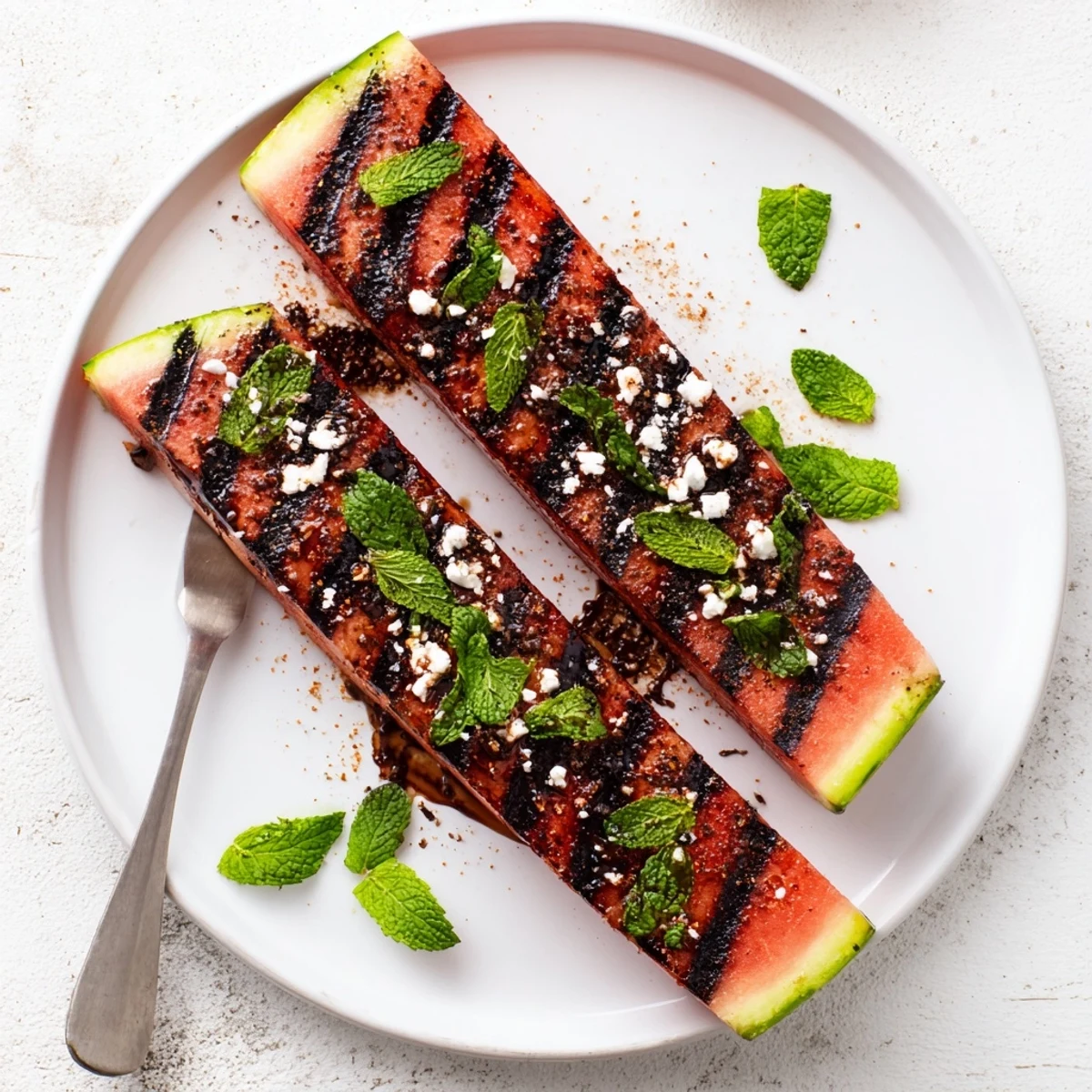 Golden grilled watermelon steak topped with fresh mint and crumbled feta cheese