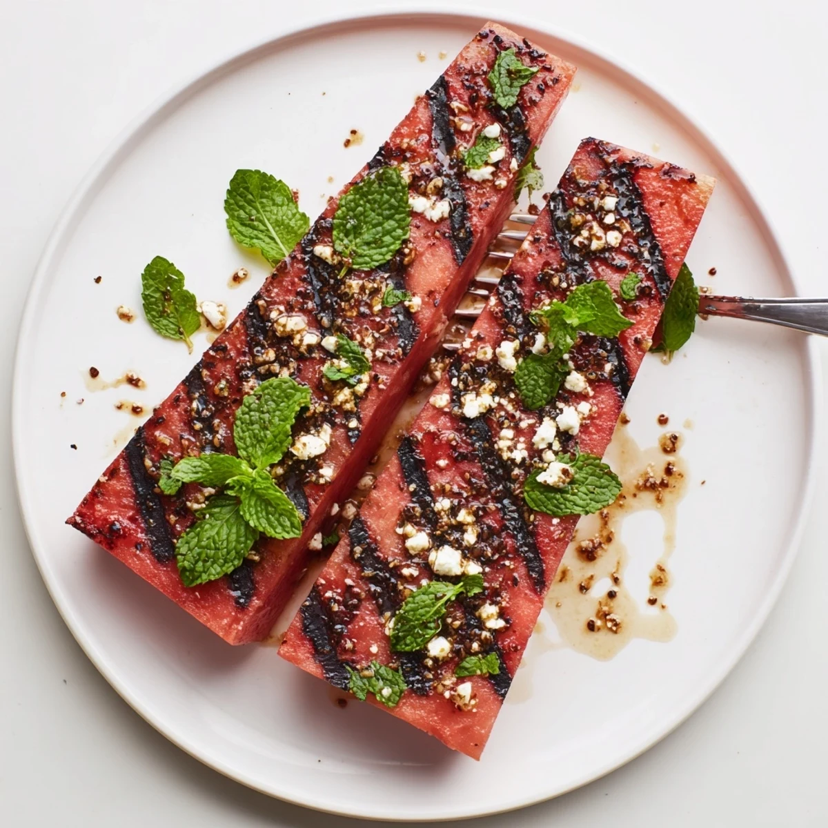 Savory watermelon steak recipe featuring charred grill marks and flaky sea salt garnish