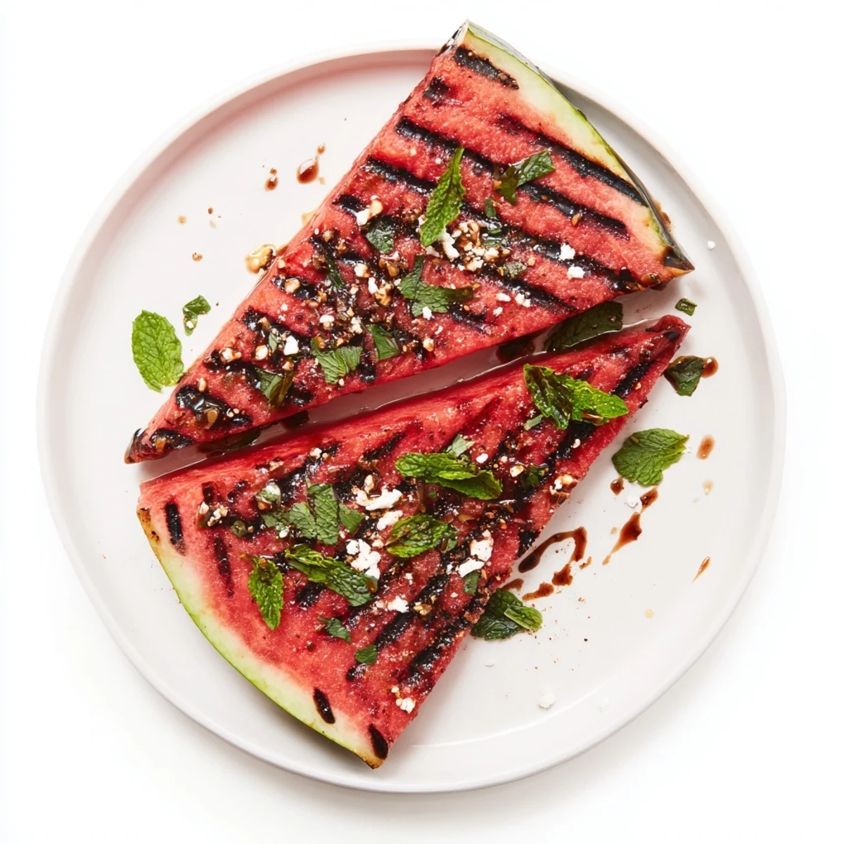 Thick juicy watermelon slices caramelized on grill with balsamic glaze and herbs