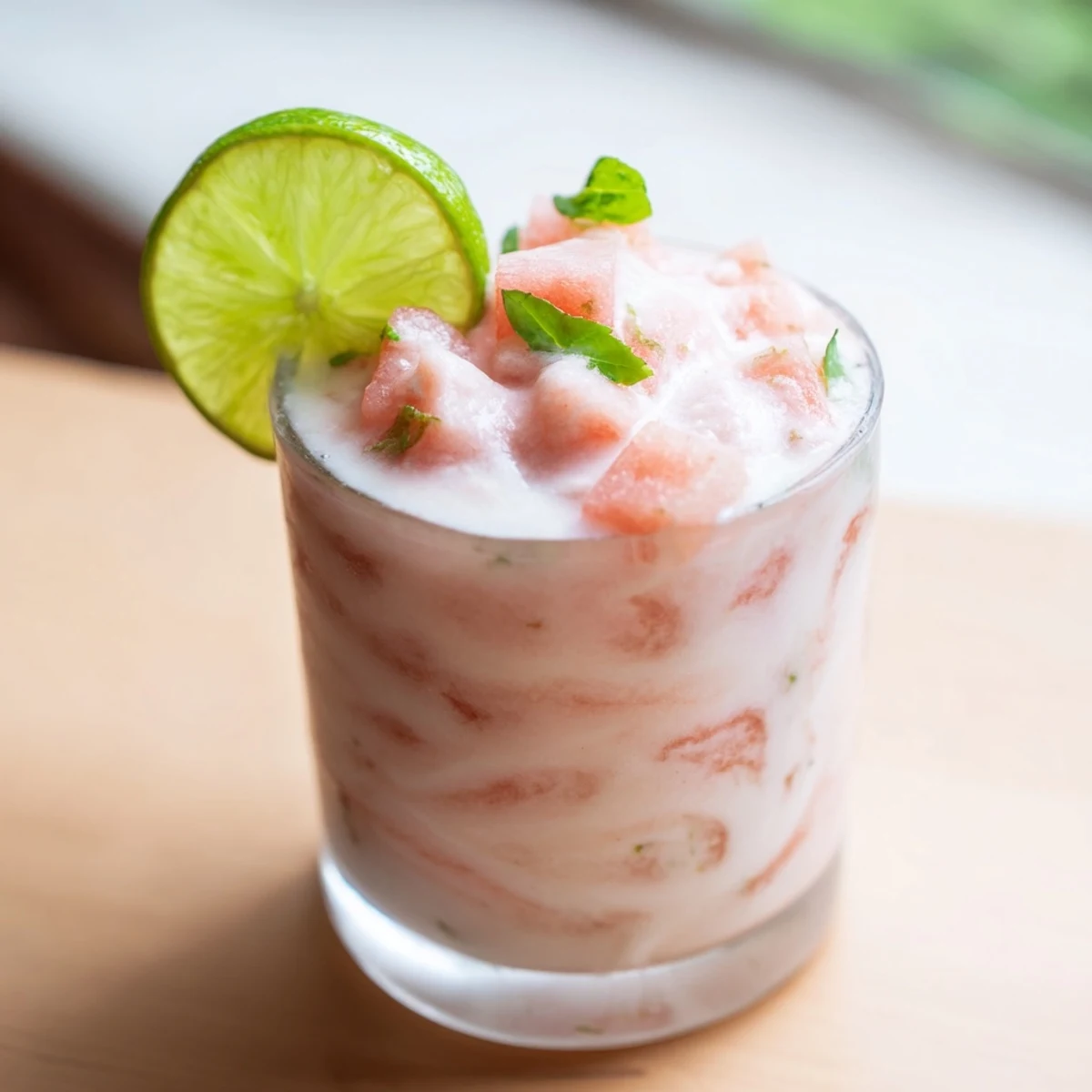 Frozen watermelon blended with creamy coconut milk and zesty lime creates this tropical slushie recipe