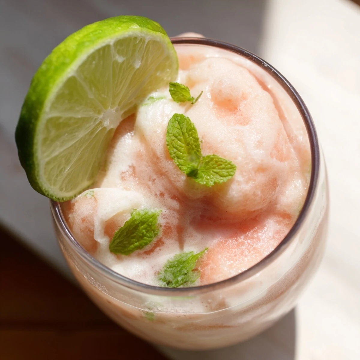 Tall glass of coconut lime watermelon slushie topped with fresh mint slices and lime wedge garnish