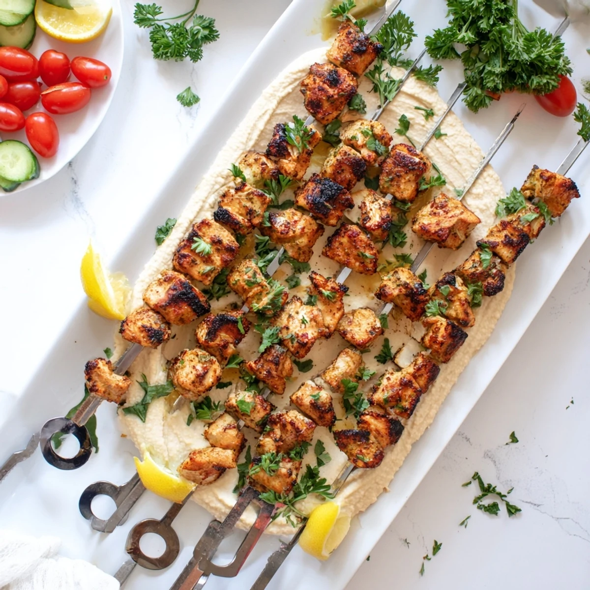Golden grilled Mediterranean chicken skewers arranged over creamy hummus spread with fresh parsley garnish