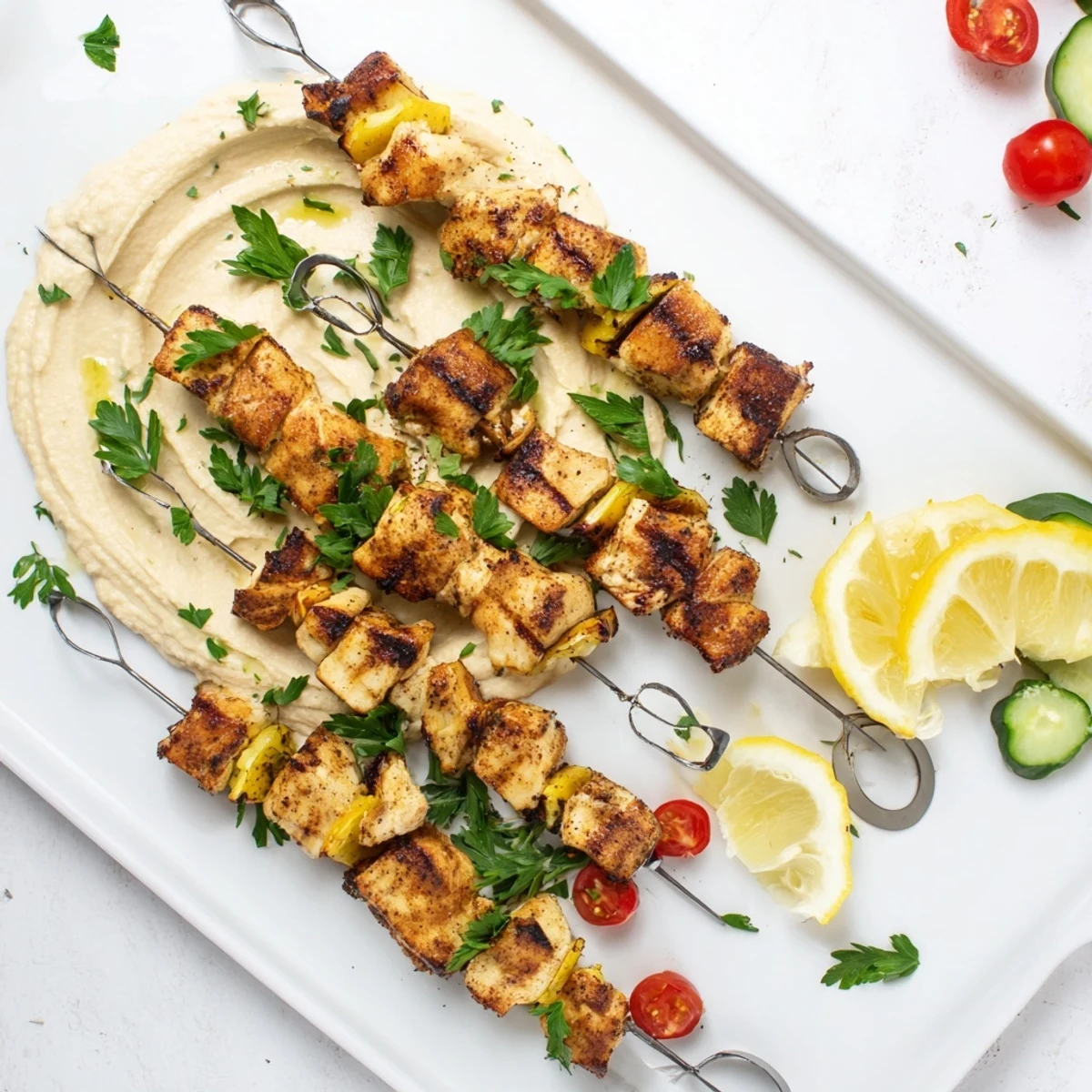 Tender marinated chicken pieces threaded on skewers, grilled to charred perfection over smooth hummus