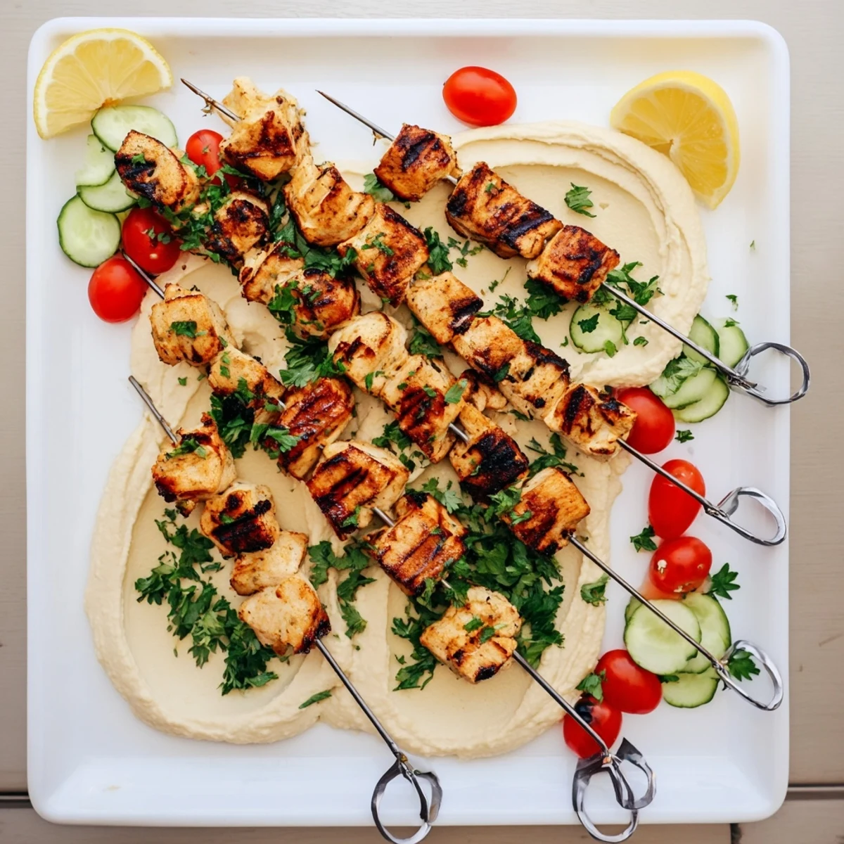 Mediterranean chicken skewers with hummus spread served with lemon wedges and pita bread on platter
