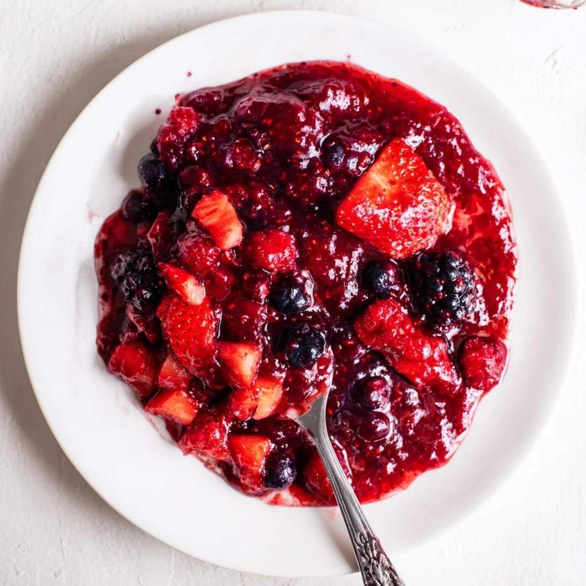 Golden jar of strawberry rhubarb raspberry jam spread thickly on toasted sourdough bread