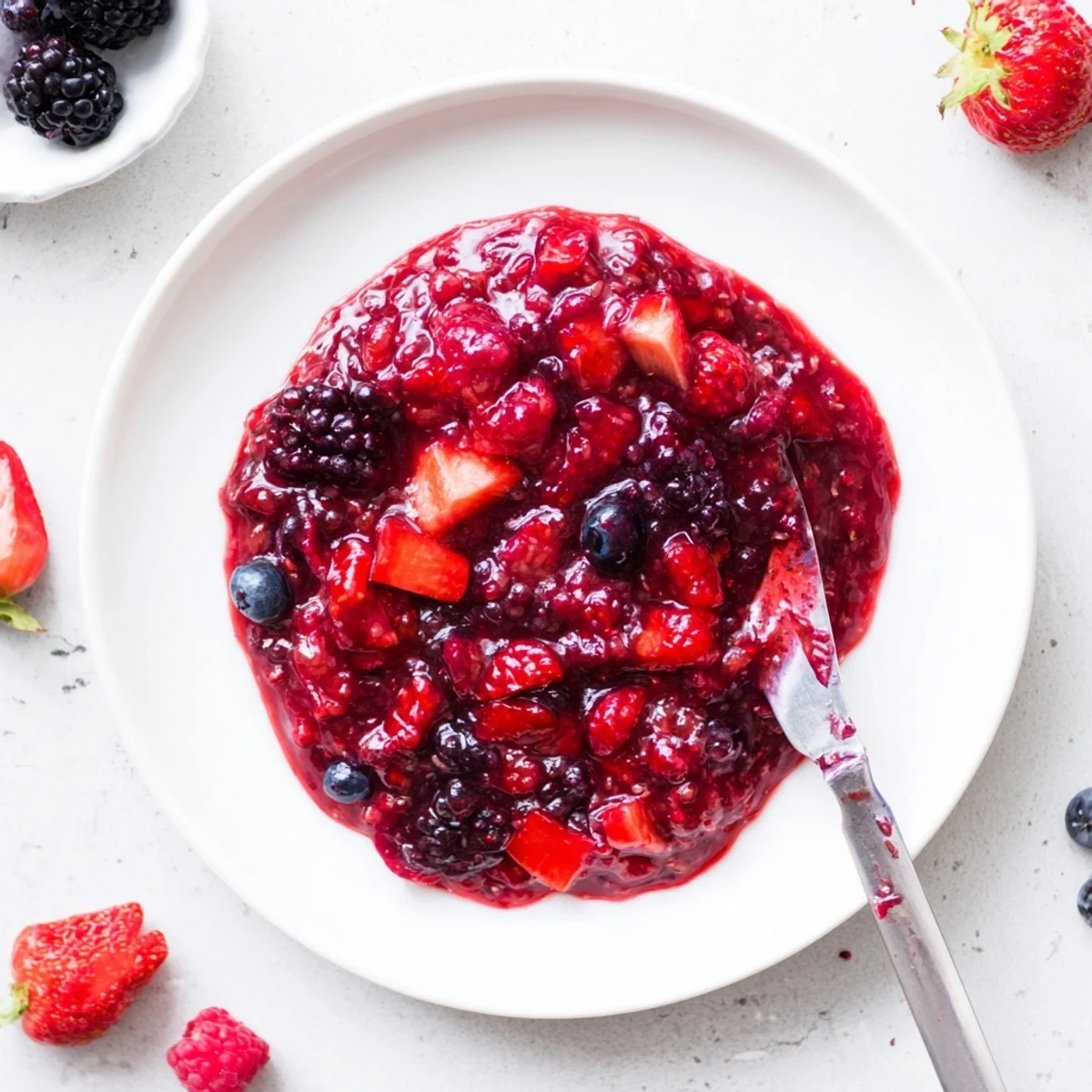 Glistening homemade strawberry rhubarb raspberry jam swirling into creamy Greek yogurt with fresh berries