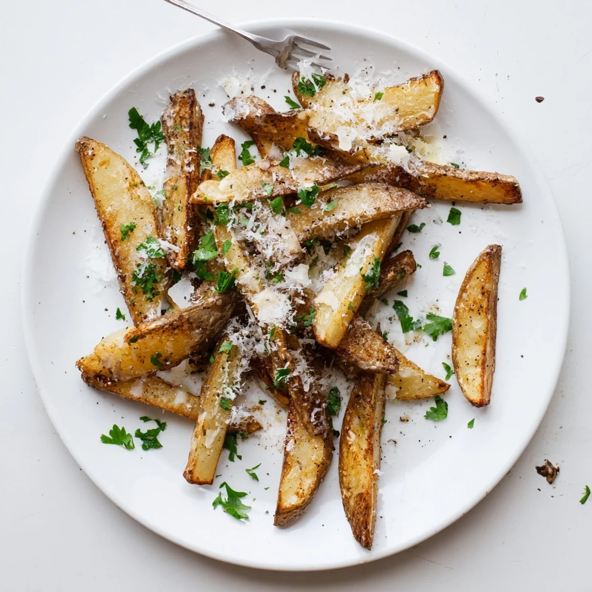 Golden homemade truffle fries topped with freshly grated Parmesan and chopped parsley