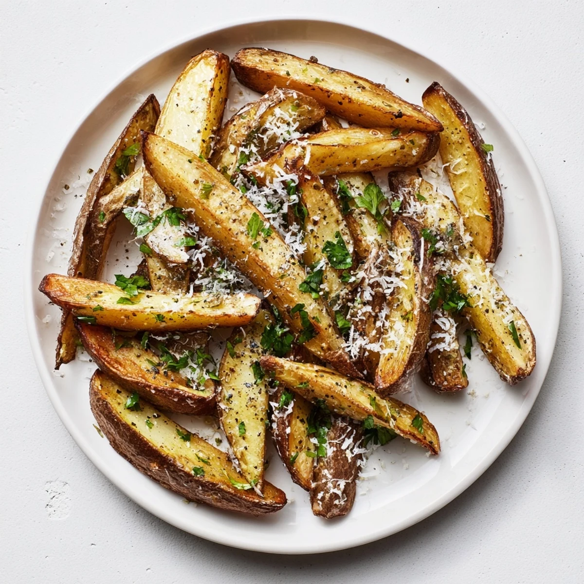 Steaming plate of golden truffle parmesan fries sprinkled with fresh black pepper