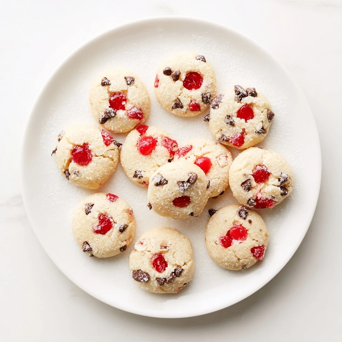 Golden Christmas Maraschino Cherry Shortbread cookies studded with bright red cherries on a white platter