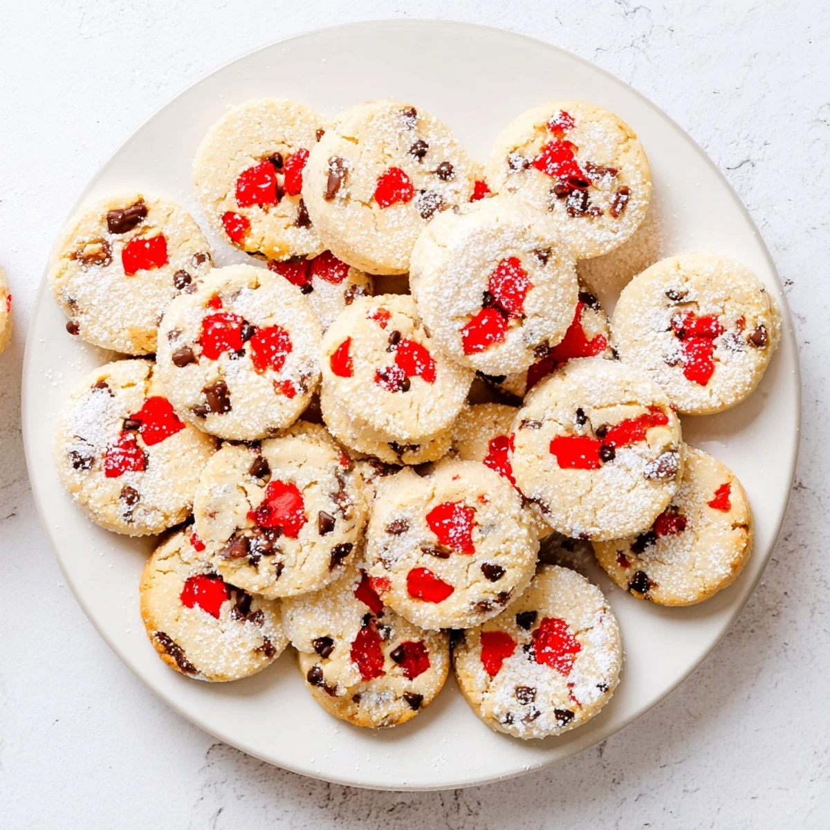 Buttery holiday shortbread cookies with chopped maraschino cherries and optional chocolate chips cooling on wire rack