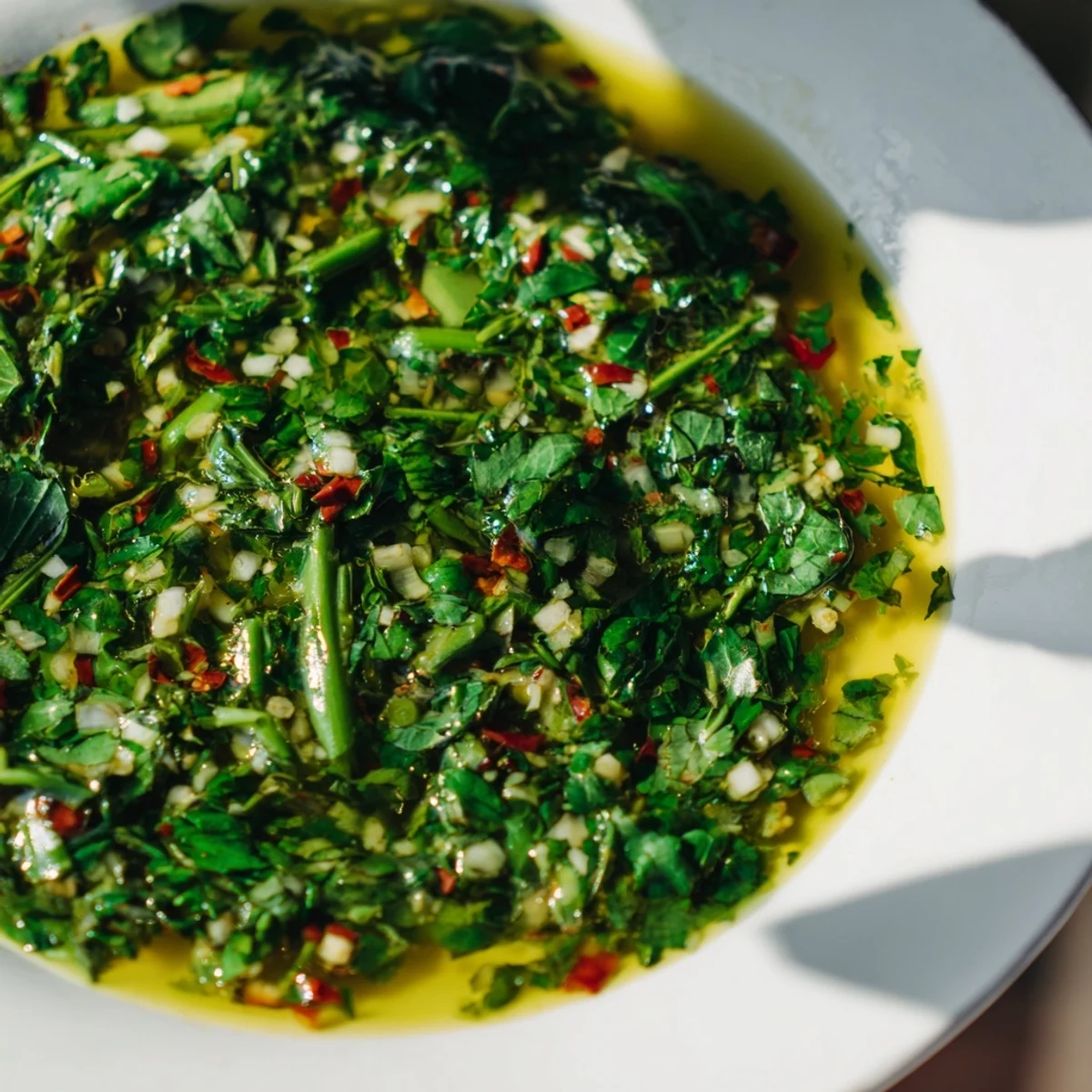 Vibrant garlic scape chimichurri sauce drizzled over juicy grilled steak with fresh herbs