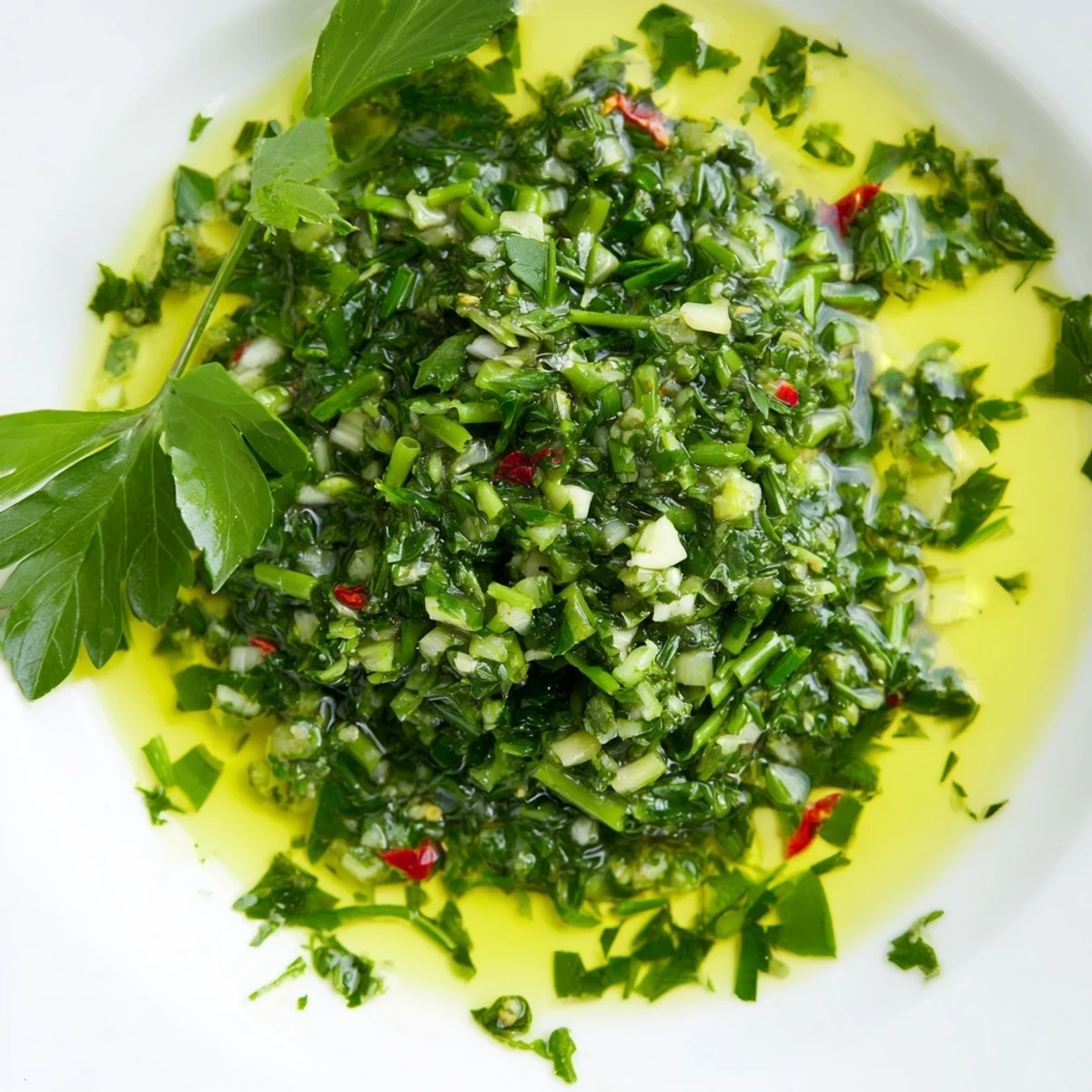 Homemade garlic scape chimichurri in glass bowl alongside grilled vegetables and crusty bread