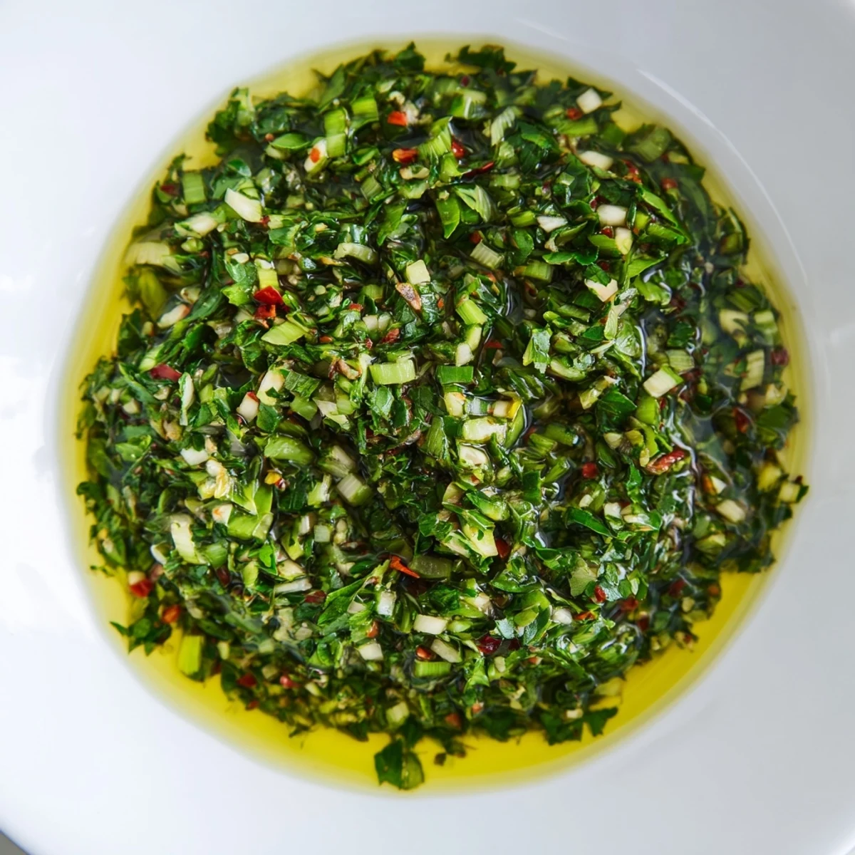 Bright green garlic scape chimichurri sauce spooned over grilled chicken with visible herb flecks