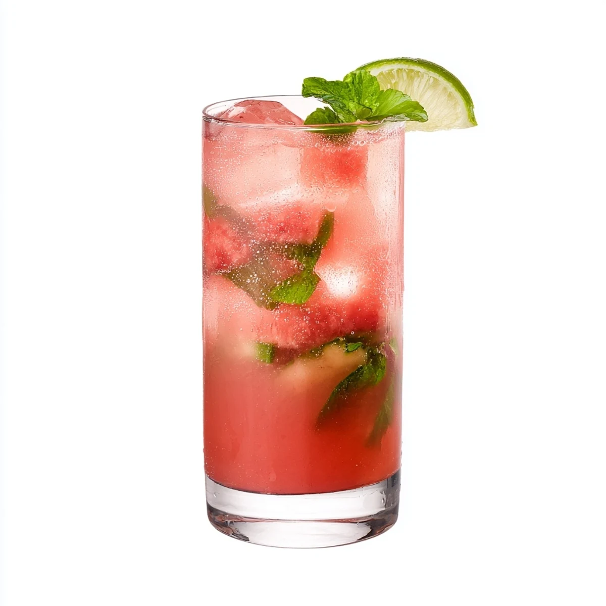 Refreshing low carb watermelon refresher with vibrant pink color, fresh mint leaves and lime wedge garnish in a chilled glass